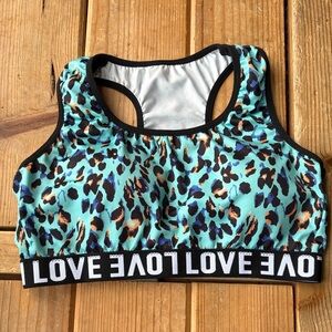 LOVE Teal Leopard Print Sports Bra
